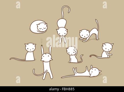 Cute doodle blanc chats dans diverses positions Illustration de Vecteur