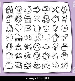 Collection de près de cinquante icônes doodle mignon, surtout pour les enfants Illustration de Vecteur