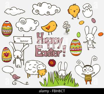 Collection de Pâques colorés sur doodle. Illustration de Vecteur