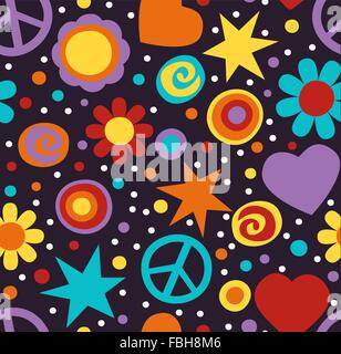 Hippie coloré motif transparent avec les signes de paix, coeurs et fleurs Illustration de Vecteur