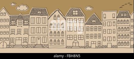 Découpe carton maisons doodle, modèle sans couture horizontale Illustration de Vecteur