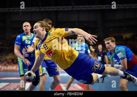 Wroclaw, Pologne. 16 janvier, 2016. Championnats d'Europe de handball masculin en EHF, EURO 2016 groupe C match Suède - Slovénie 23:21. En action Lukas Nilsson Crédit : Piotr Dziurman/Alamy Live News Banque D'Images