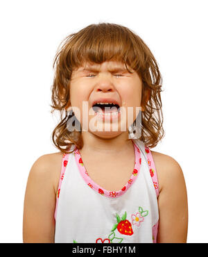 Portrait d'une petite fille pleurer isolé sur fond blanc Banque D'Images