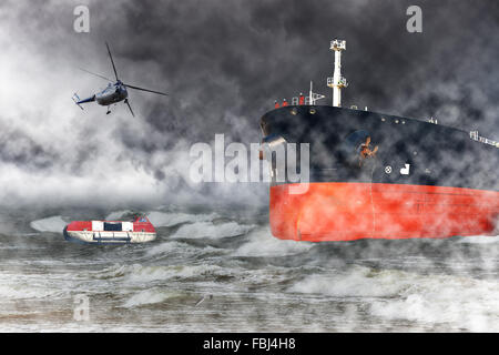 Une mission de sauvetage par hélicoptère dans des tempêtes en mer. Banque D'Images