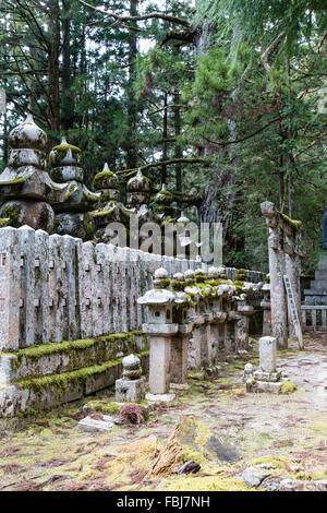 Le Japon, Koyasan, forêt Okunoin cemetery. Rangée de Toro traditionnelles lanternes en pierre avec rangée de Gorinto, cinq anneaux stupa derrière. De torii à la fin. Banque D'Images