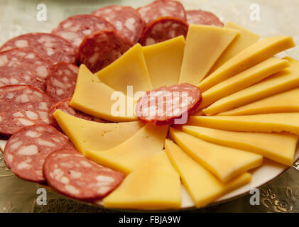 Tranches de saucisse fraîche et fromage sur un gros plan de la plaque Banque D'Images