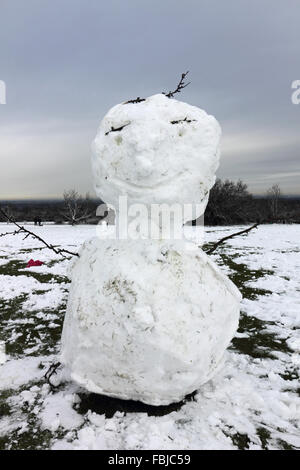 Epsom Downs, Surrey, UK. 17 janvier 2016. L'heureux bonhomme de neige. Neige la nuit une couverture de gauche à travers blanc Epsom Downs qui est restée tout au long de la journée. Dans le cadre de la North Downs à Surrey, Epsom Downs se trouve à une altitude légèrement plus élevée que la zone environnante et dispose souvent d'un couvrant quand la ville voisine n'est pas de neige. Banque D'Images
