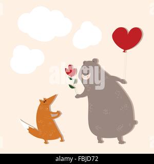 Un ours dessiné à la main dans l'amour avec un renard. Illustration de Vecteur