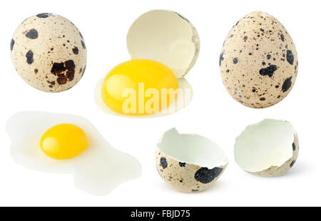 Oeufs de caille ensemble et brisé, collection isolated on white with clipping path Banque D'Images