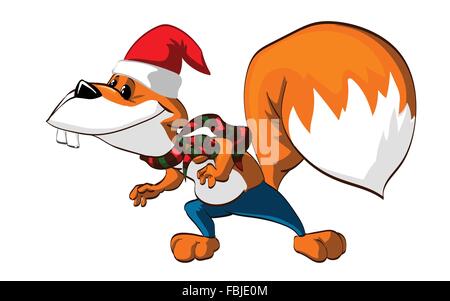 Écureuil caricature avec un foulard bleu, un pantalon et un chapeau de Noël. Illustration de Vecteur