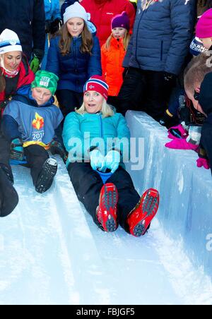 Oslo, 17-01-2016 La Princesse héritière Mette-Marit, La Princesse Ingrid Alexandra et le Prince Sverre Magnus 25e anniversaire de l'accession au trône de Norvège de Leurs Majestés le roi Harald et la reine Sonja La Famille royale assiste à des événements de la Place du Palais (Slottsplassen) PRE/Albert Nieboer/Pays-Bas OUT - AUCUN FIL SERVICE - Banque D'Images