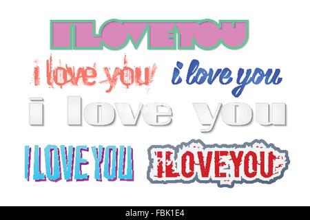 Ensemble d'autocollants colorés avec je vous aime inscription isolé sur fond blanc. vecteur joli lettrage Valentines Day Illustration de Vecteur