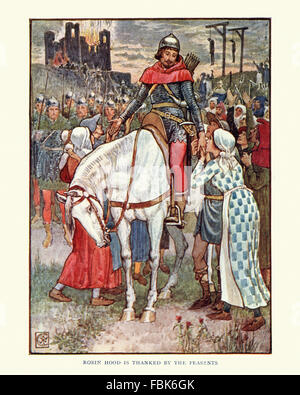 Illustration de l'histoire de Robin des Bois. Robin Hood est remercié par les paysans. Par Walter Crane Banque D'Images