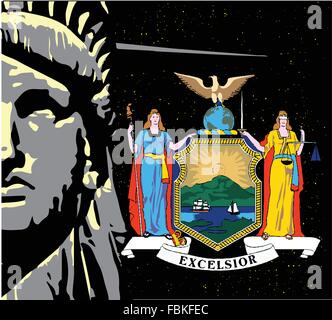 Le visage de la Statue de la liberté sur un ciel de nuit et les icônes de l'état d'un drapeau Illustration de Vecteur