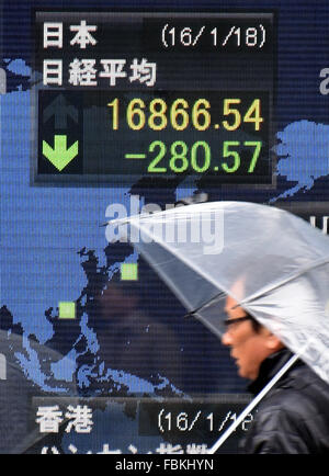 Tokyo, Japon. 18 janvier, 2016. Les stocks japonais chute brutalement à la Bourse de Tokyo Marché le lundi, Janvier 18, 2016, sur de fortes baisses de Wall Street, de la morosité de l'économie américaine et des inquiétudes entourant l'économie chinoise.Le 225-question Nikkei Stock Average récupérée dans l'après-midi pour fermer la journée à 16 955,57. Credit : Natsuki Sakai/AFLO/Alamy Live News Banque D'Images