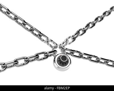 Illustration 3d de cadenas avec chaîne métallique isolé sur fond blanc Banque D'Images