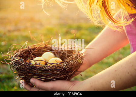 Girl holding Bird's Nest rempli d'oeufs Banque D'Images