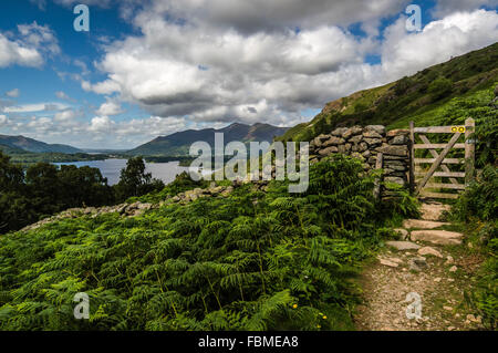 Sentier et porte avec montagnes et lac, Derwentwater, Lake District, Cumbria, Angleterre, Royaume-Uni Banque D'Images