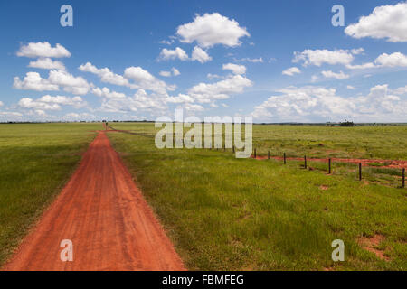 Paysage brésilien avec une longue ligne droite route de campagne montrant red earth, près de Bonito, Mato Grosso do Sul, Brésil Banque D'Images