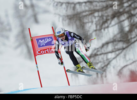 CORTINA D'AMPEZZO, ITALIE - Le 24 janvier 2014 : Au cours de la Coupe du Monde de Ski Alpin FIS Women's course de descente à Cortina d'Ampezzo, Italie. Banque D'Images