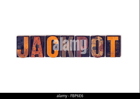 Le mot 'Jackpot' écrit en police de caractère, en bois vintage isolé sur fond blanc. Banque D'Images