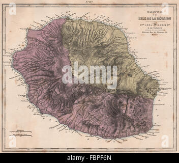 ILE DE LA RÉUNION. De l'Océan indien. Communes des profondeurs de la topographie. LE VASSEUR, 1876 map Banque D'Images