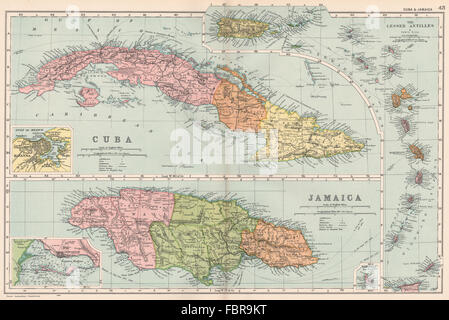 WEST INDIES. Cuba Jamaïque Petites Antilles. La Havane en médaillon de Kingston. BACON 1903 map Banque D'Images