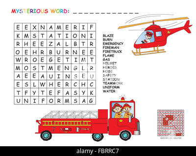 Jeu pour les enfants : chercher tous les mots (horizontale, verticale et diagonale). Utiliser des lettres pour trouver le mot mystère. Banque D'Images