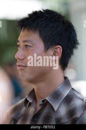 Kei Nishikori arrive à l'Open d'Australie 2016 partie à Crown, Melbourne, Australie, le 17 janvier 2016. Banque D'Images