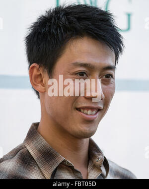 Kei Nishikori arrive à l'Open d'Australie 2016 partie à Crown, Melbourne, Australie, le 17 janvier 2016. Banque D'Images