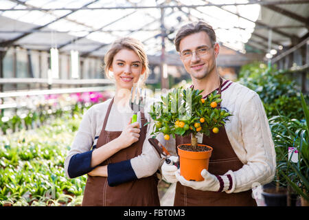 Happy attractive woman and man holding jardiniers petit arbre mandarine et d'outils pour les plantes en transplsntation garden centre Banque D'Images