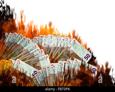 Les marchés de l'argent ou de l'euro - gravure sur le feu ou en flammes. Bourse, crise financière de l'UE etc. fond blanc. Banque D'Images