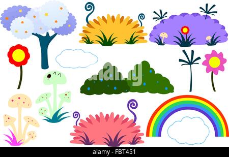 Pack d'illustration vectorielle de diverses plantes fleurs et arbres en arc-en-ciel colorés style télévision mignon. Illustration de Vecteur