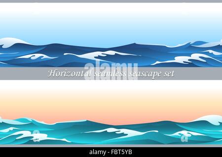 Seamless pattern set horizontal avec les vagues et le ciel bleu Illustration de Vecteur