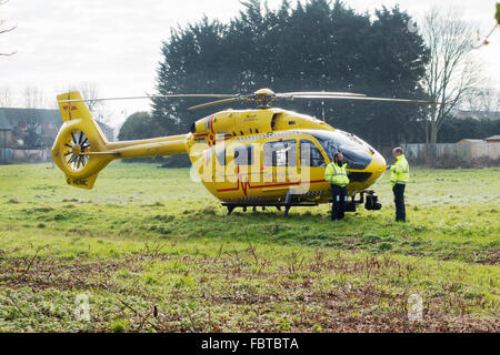 Newmarket Suffolk, UK. 19 janvier 2016. L'East Anglian Air Ambulance hélicoptère, piloté par le Prince William, duc de Cambridge (voir ici à droite), des terres dans un enclos pour traiter une urgence médicale. Le prince William a travaillé pour le service d'ambulance d'air depuis juillet 2015 Sriskandan Crédit : Kumar/Alamy Live News Banque D'Images