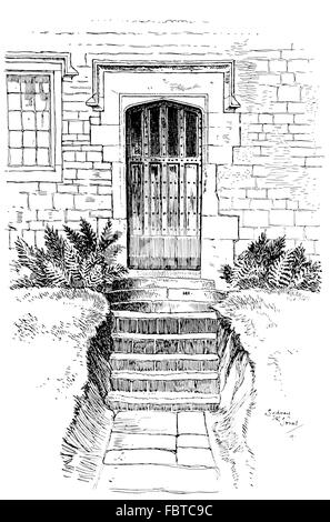 Royaume-uni, Angleterre, Oxfordshire, Great Bourton, l'Ironstone historique chambre voûtée, porte en 1911, illustration par ligne, Sydney R Jones Banque D'Images