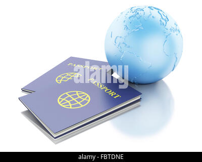 Moteur de rendu 3d illustration. Passeport et Globe de la Terre. Voyages et vacances. Isolé sur fond blanc Banque D'Images