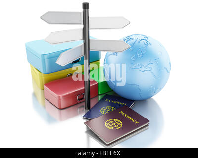 Moteur de rendu 3d illustration. Valises de voyage, passeport et la Terre planète. Voyages et vacances. Isolé sur fond blanc Banque D'Images