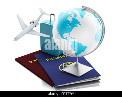 Moteur de rendu 3d illustration. Avion, passeport, globe de la terre et les valises. Concept de voyage. Isolé sur fond blanc Banque D'Images