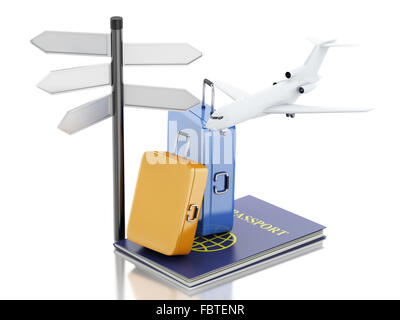 Moteur de rendu 3d illustration. Billet d'avion, passeport et valises. Airline travel concept. Isolé sur fond blanc Banque D'Images