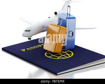 Moteur de rendu 3d illustration. Billet d'avion, passeport et valises. Airline travel concept. Isolé sur fond blanc Banque D'Images