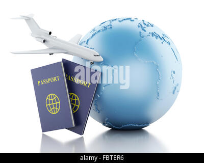 Moteur de rendu 3d illustration. Avion, passeport et globe de la terre. Airline travel concept. Isolé sur fond blanc Banque D'Images