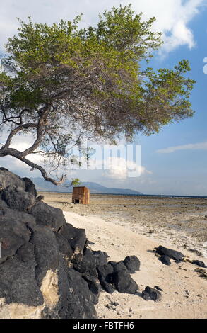 La roche volcanique au rivage avec cabine Banque D'Images