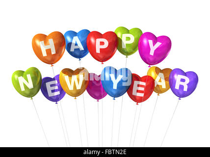 Bonne année aux couleurs des ballons en forme de coeur Banque D'Images