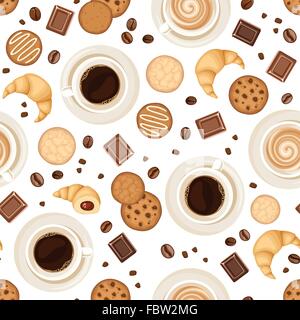 Fond transparent avec des tasses à café, des haricots secs, biscuits, croissants et chocolat. Vector illustration. Illustration de Vecteur