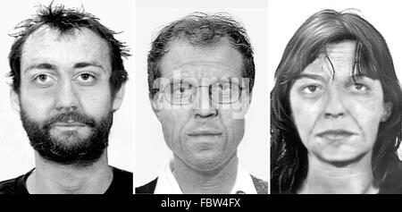 Document - COMBO - une image composite montrant trois document non daté images fournies par le Bundeskriminalamt (Office fédéral de la Police criminelle, BKA) montrant le vieillissement-images de simulation de Burkhard Garweg (l-r), Ernst-Volker Wilhelm Staub et Daniela Klette, membres de l'organisation terroriste démantelée maintenant RAF (Rote Armee Fraktion, Fraction Armée Rouge). PHOTO : BKA/DPA (à l'ATTENTION DES RÉDACTEURS : POUR UN USAGE ÉDITORIAL UNIQUEMENT DANS LES RAPPORTS ACTUELS DANS LE CADRE DE LA RECHERCHE PUBLIQUE / crédit obligatoire : PHOTO : BKA Banque D'Images