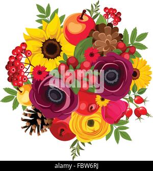 Bouquet de fleurs d'automne, les baies, les pommes, les cônes et les feuilles. Vector illustration. Illustration de Vecteur