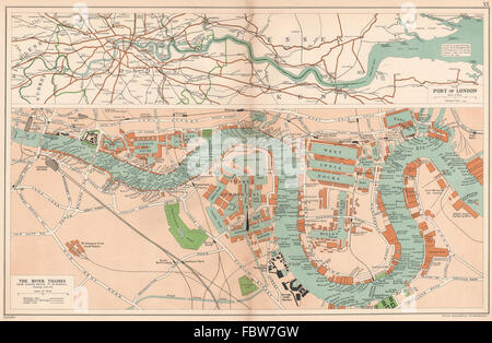 Le PORT DE LONDRES montrant des quais et docks. Tamise. Carte vintage. BACON, 1927 Banque D'Images