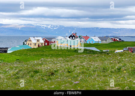 Architecture et Bâtiments sur l'île de Flatey Flatey,, l'Islande, l'Europe. Banque D'Images