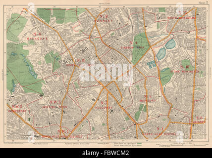 N de Finsbury Park de Londres Highgate Holloway Stoke Newington Camden. BACON, 1927 map Banque D'Images